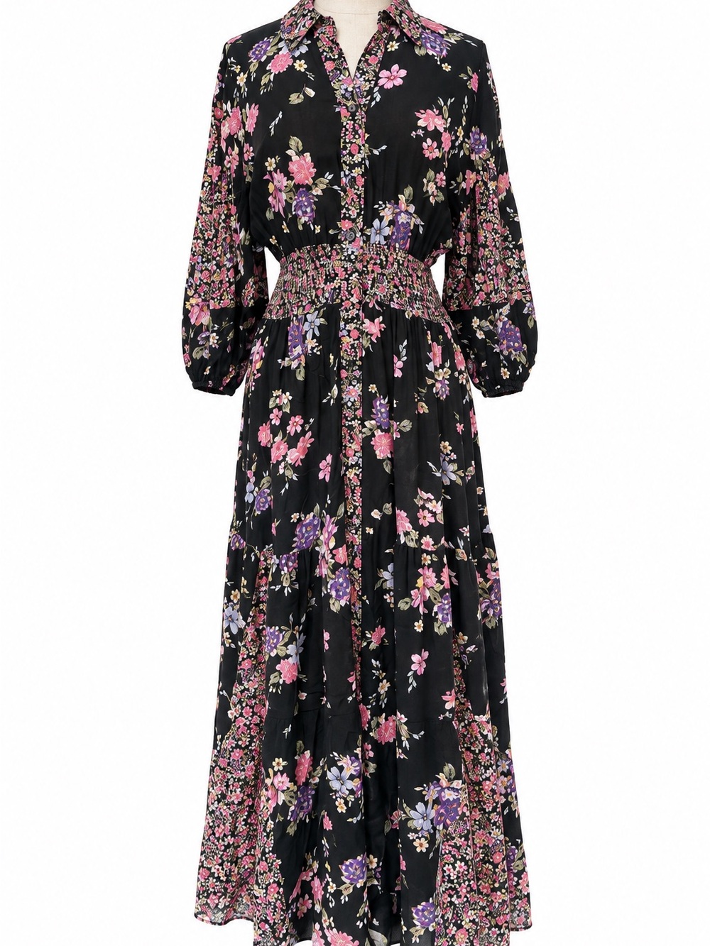 Free People Floral Maxi Dress Black Smocked Boho Button Front XS - Picture 4 of 13